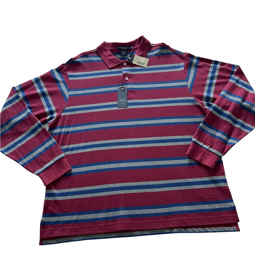 Daniel‎ Cremieux Burgundy with Blue Grey Stripe Long Sleeve Polo Shirt Size XL
